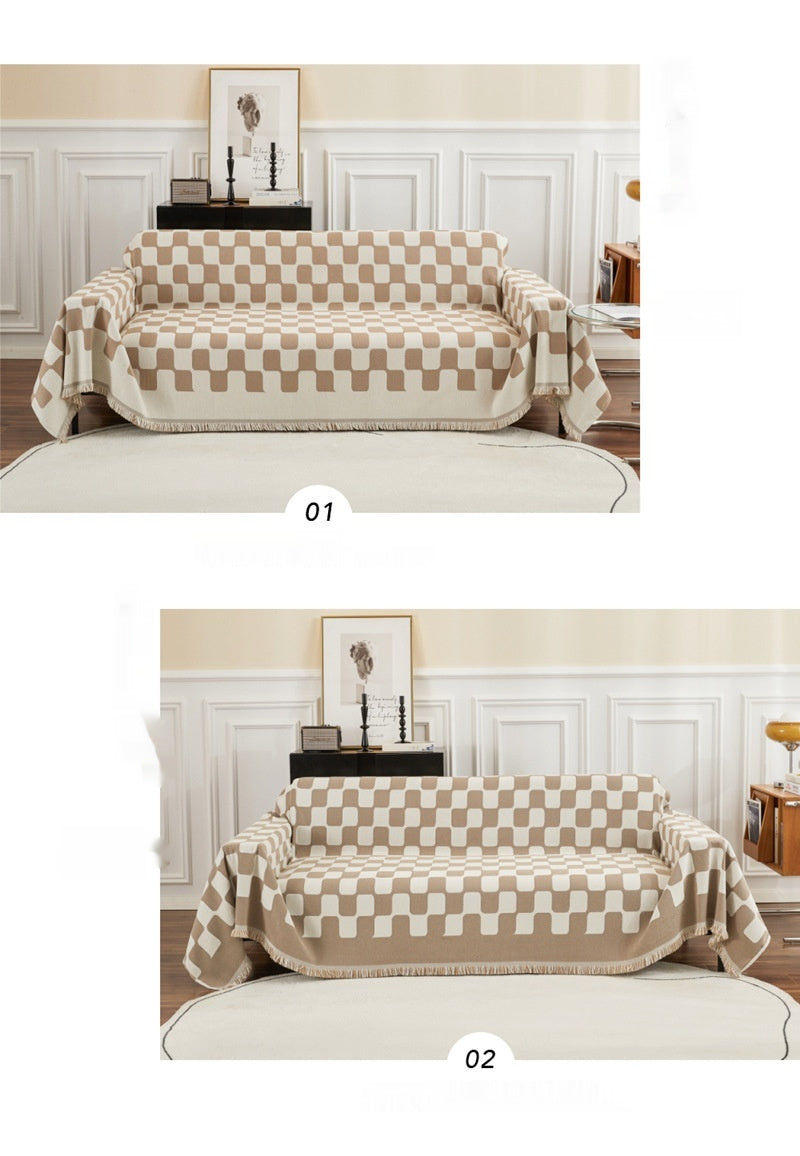 Housse de canapé à franges motif damier – Couverture décorative chic et confortable – par Camado