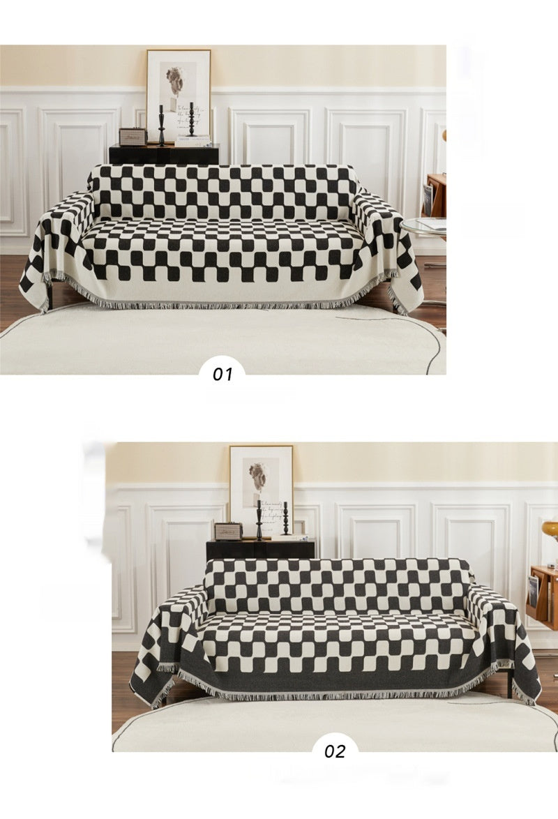 Housse de canapé à franges motif damier – Couverture décorative chic et confortable – par Camado