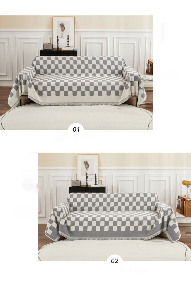 Housse de canapé à franges motif damier – Couverture décorative chic et confortable – par Camado